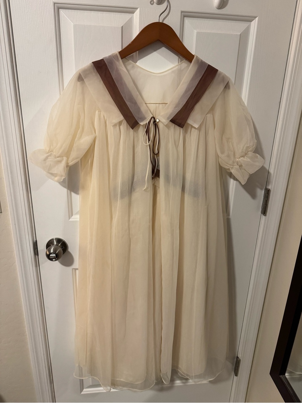 Vintage Mid Century Two Piece Nightgown Sheer Ivory Collar with Brown Trim